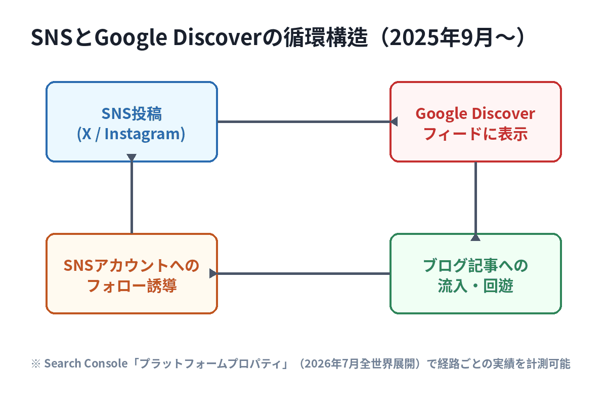 SNSでの話題化とGoogle Discoverでの表示が互いに影響し合う循環構造を示した図解