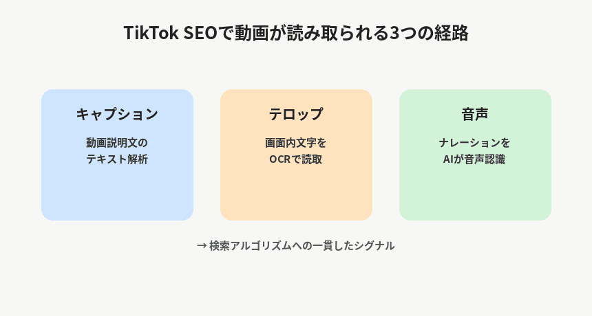 TikTokのAIが動画を読み取る音声認識・画面内テキスト・キャプションの3つの経路を示した図解